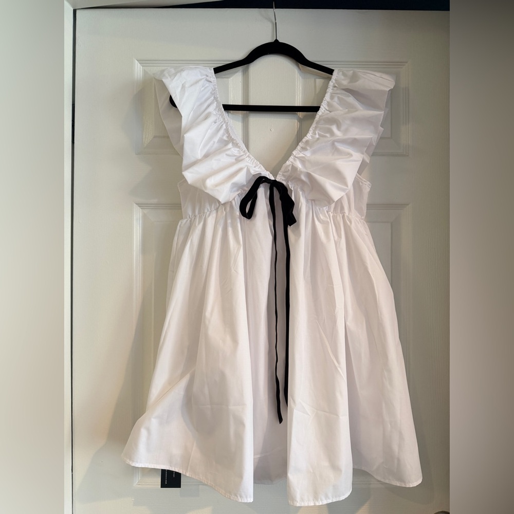 White Ruffled V-Neck Sundress with Black Tie